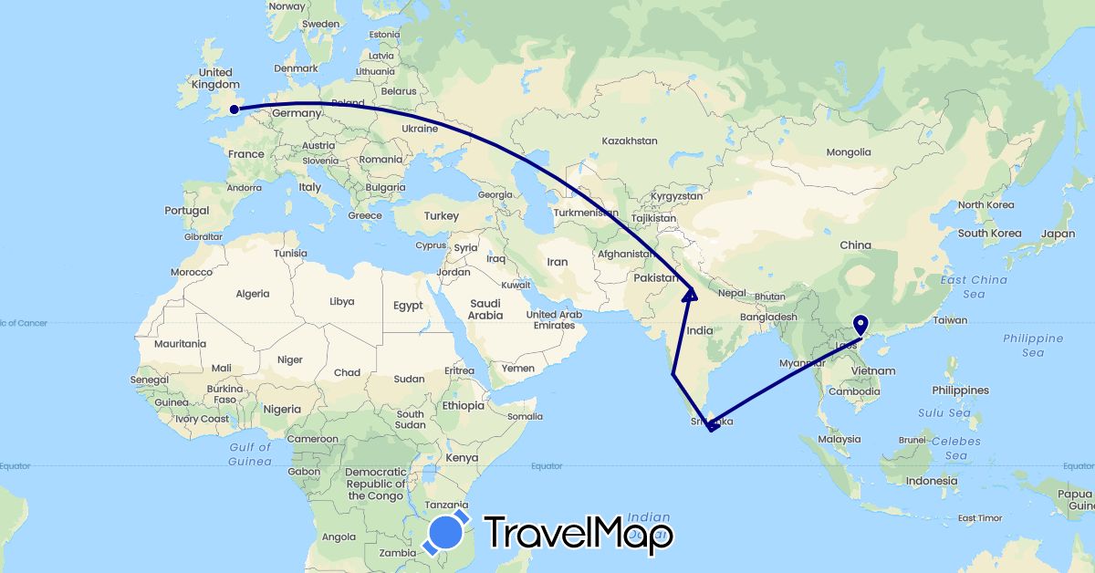 TravelMap itinerary: driving in United Kingdom, India, Sri Lanka, Vietnam (Asia, Europe)